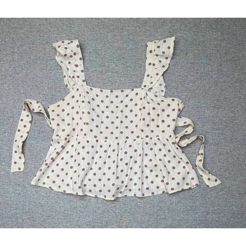 Monteau Los Angeles Polka Dot Peplum Top Linen Ruffle Strap Tie Back Cream L